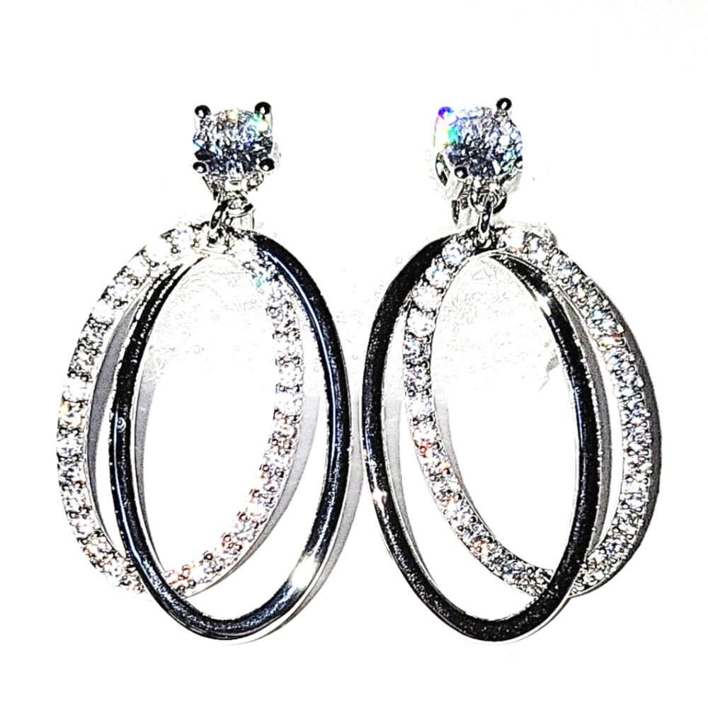 SALE! NEW! Simulated/Faux Diamond Double Hoop Drop Earrings in Silvertone